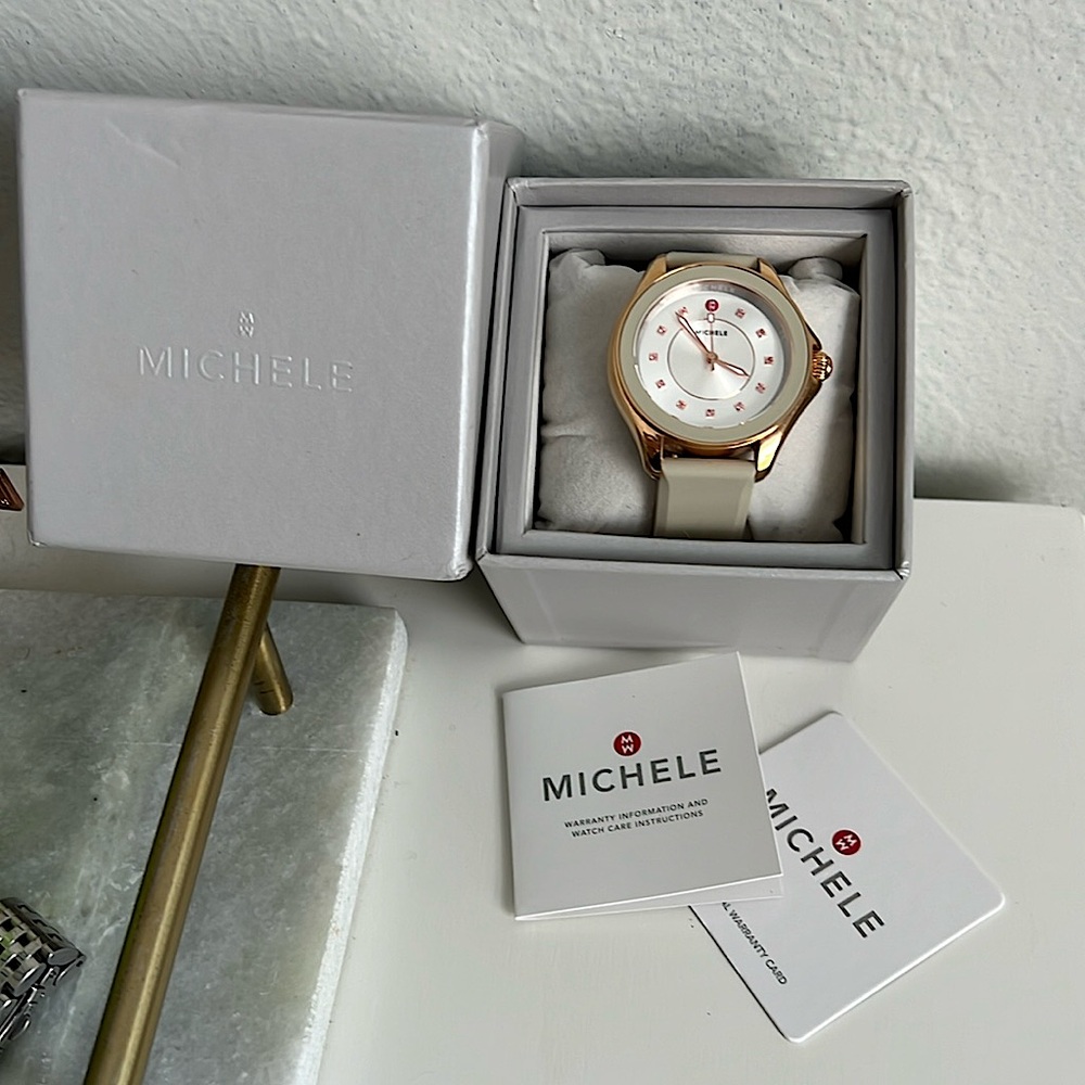 EUC Michele Cape Topaz Watch - Taupe/Rose Gold